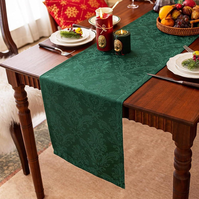 Joyfol Day Jacquard Christmas Green Table Runners, Waterproof Damask Floral Table Runner for Xmas Holiday Winter Festival Party Kitchen Dining Tabletop Decoration (14x90 Inch)