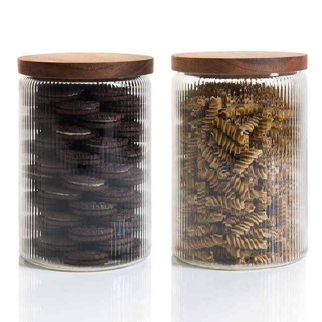 Mason & Fable Ribbed Glass Jar with Wooden Lid 70fl.oz- Set of 2 | Airtight Fluted Storage Container for Cookies, Pasta, Coffee, Dog Treats, Snacks | Organization Canisters for Home & Kitchen