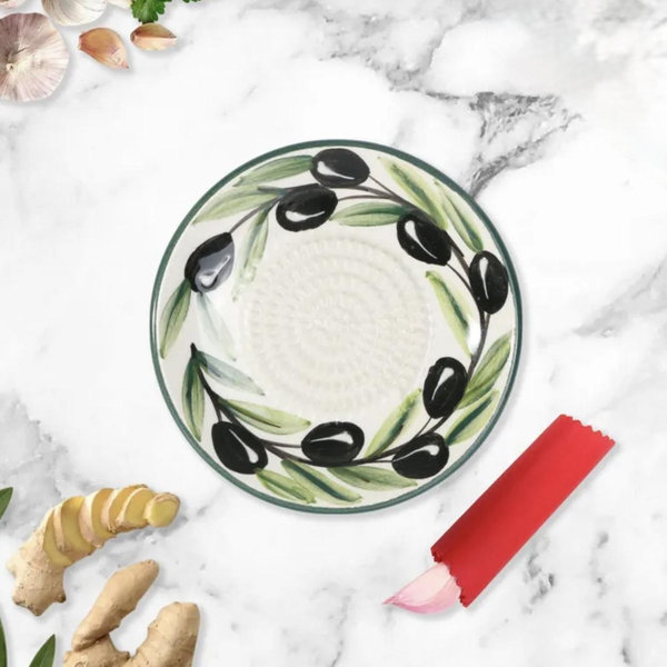 Ceramic Garlic Grater Plate - Olive White, With Brush