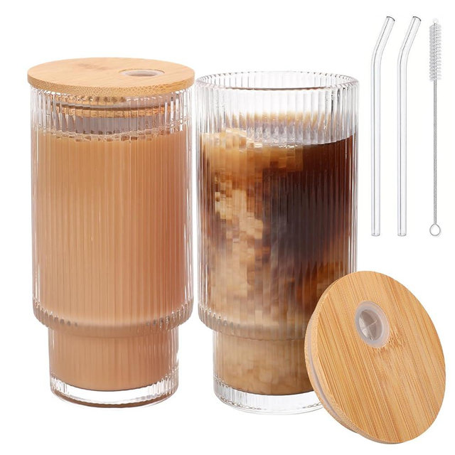 AiMQnLe Glass Cups with Bamboo Lids and Straws - 16 oz Iced Coffee Cups, Vintage Ribbed Drinking Glasses, Tumbler for Juice, Beer, Coffee, Milk, Cocktail, Water (2 Pack)