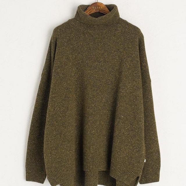 Oversize Boucle Roll Neck Jumper, Moss