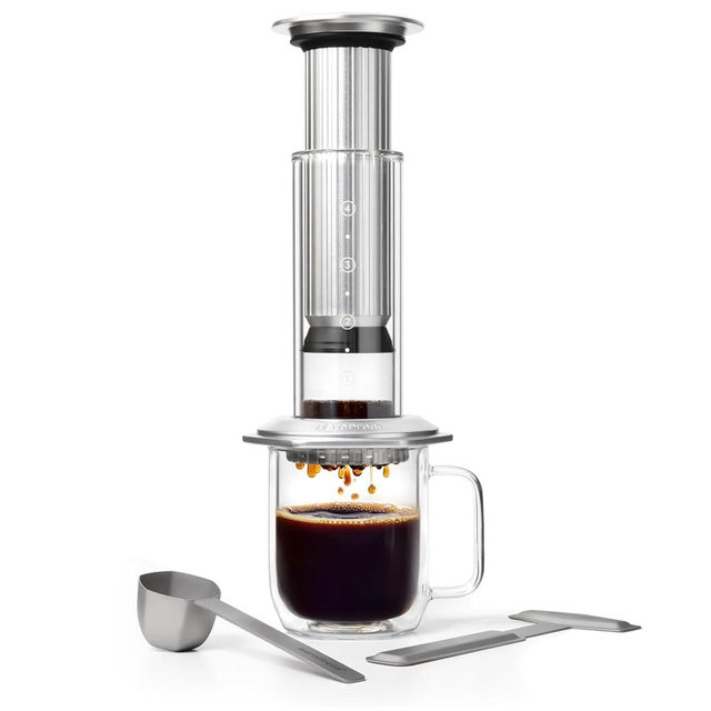 AeroPress Premium Coffee Press, Glass, Stainless Steel & Aluminum Coffee Maker, All-in-One French Press, Pour-Over & Espresso Style Manual Brewer, 2 Min Brew for Less Bitterness, More Flavor, Silver