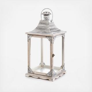 White Brushed Wood Lantern with Iron Top