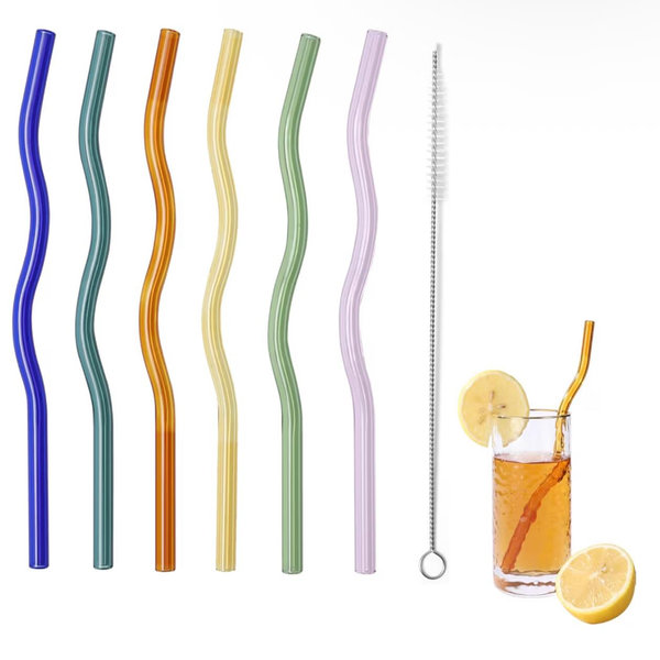 6 Pcs Wavy Glass Straws, 7.87"×8mm Reusable Colorful Glass Straws,With 1 Cleaning Brush-Perfect For Juice,Tea,Coffee,Cocktails,Lemonades。(Colorful Wavy)