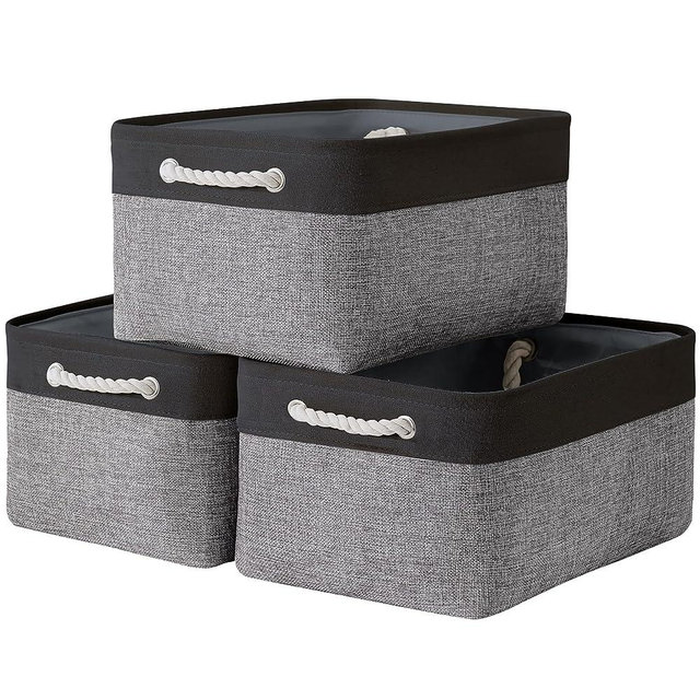 TheWarmHome Collapsible Storage Bin for Shelves - 16x12x8 inch Large 3 Pack Storage Basket for Organizing with Rope, Fabric Storage Cubes for Organizer Toy Cloth Gift Closet (Black & Grey)