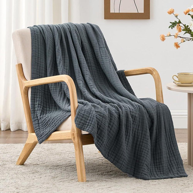 Love's cabin 100% Cotton Muslin Blanket, 6 Layer Lightweight Breathable Gauze Large Throw Blanket 50 x 70 Inches, Soft Cooling All Season Blanket for Couch or Sofa, Dark Grey