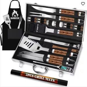 26-Piece Stainless Steel Nonstick Cookware Set, Heavy Duty BBQ Grilling Accessories, Non-Slip Grill Utensils Kit, Brown