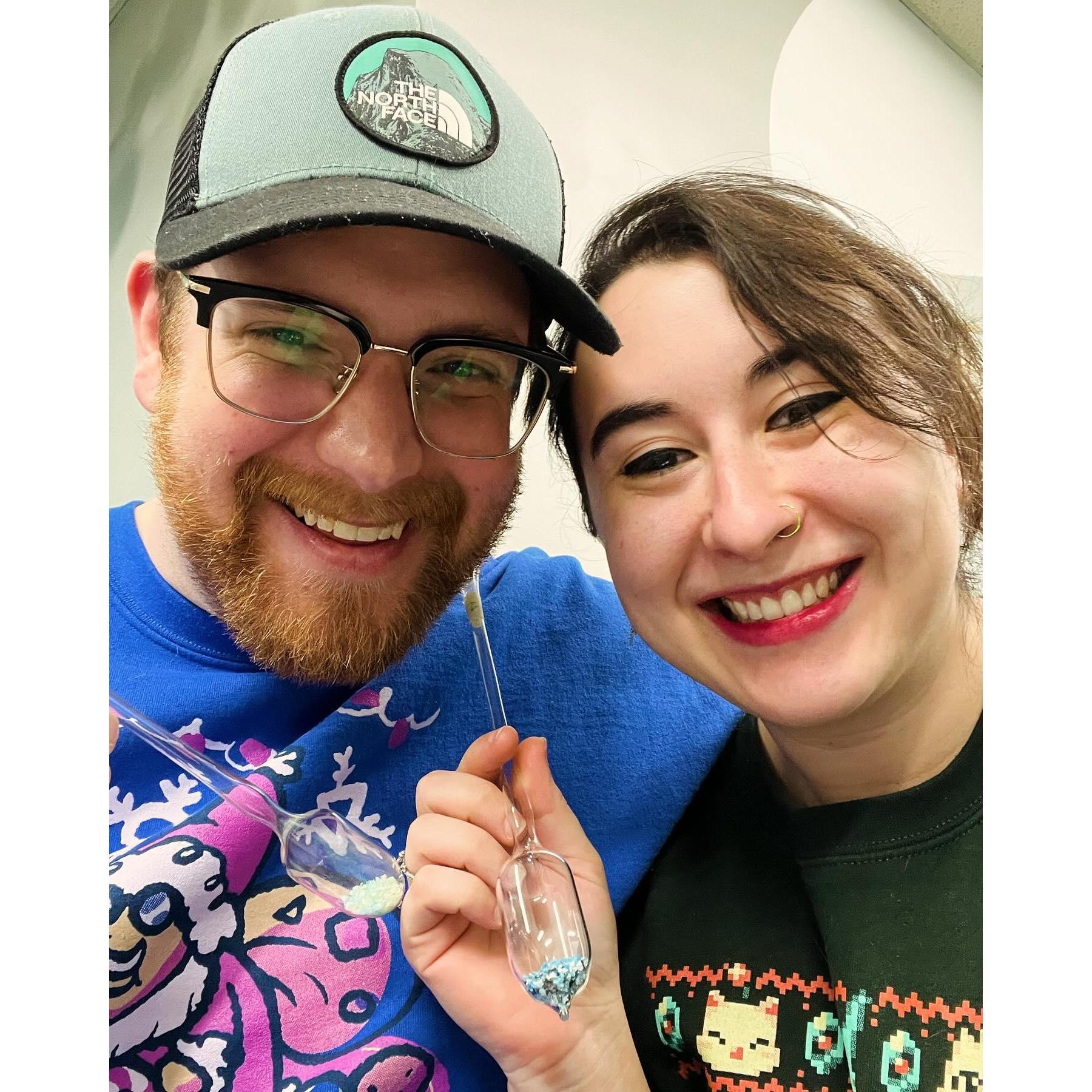 We did a Christmas Ornament Glass Blowing Workshop in 2023.  That little test tube is the ornament before it is heated and blown.