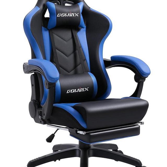 Dowinx Gaming Chair Ergonomic Racing Style Recliner with Massage Lumbar Support, Office Armchair for Computer PU Leather E-Sports Gamer Chairs with Retractable Footrest (Black&Blue)