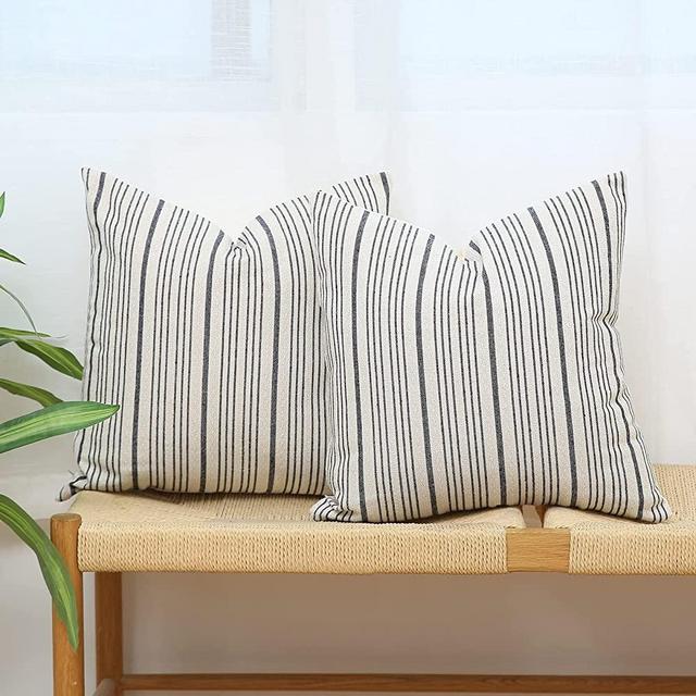 Kiuree Navy Blue and Cream Farmhouse Throw Pillow Covers 18 x 18, Modern Accent Square Decorative Pillow Case, Set of 2 Stripes Textured Linen Throw Pillow Case for Sofa Couch Chair Bedroom(Navy Blue)