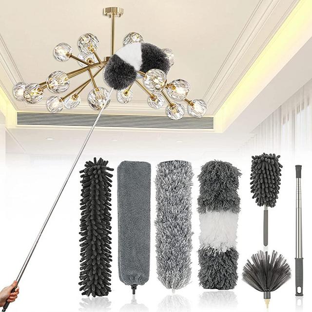 JIAHZ Microfiber Duster,7 PCS Feather Duster Cleaning Kit with 100 inches Extension Pole,Reusable Bendable Cobweb Dusters for Cleaning Ceiling Fan,Car,Computer,Blinds,Furniture