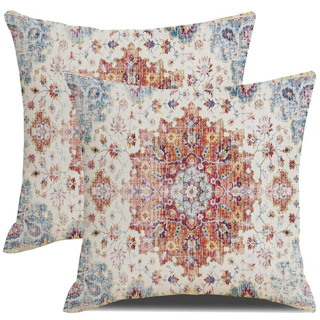 SHAPTOY Boho Throw Pillows Cover 18x18 Inch Orange Blue Teal Ethnic Carpet Pillow Covers Set of 2 Farmhouse Fall Coral Floral Linen Decorative Pillow Cases for Outdoor Living Room Couch Sofa Decor