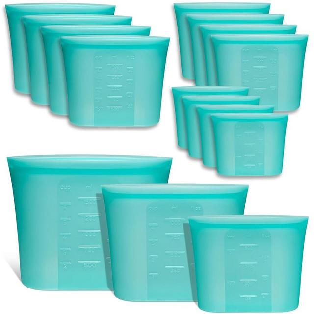 Reusable Food Bags, 12 Pack 100% Silicone Food Storage Bags Stand Up Zip Silicone Bags for Food Container, Freezer Microwave Oven Dishwasher Safe, 4 Large 4 Medium 4 Small, Aqua
