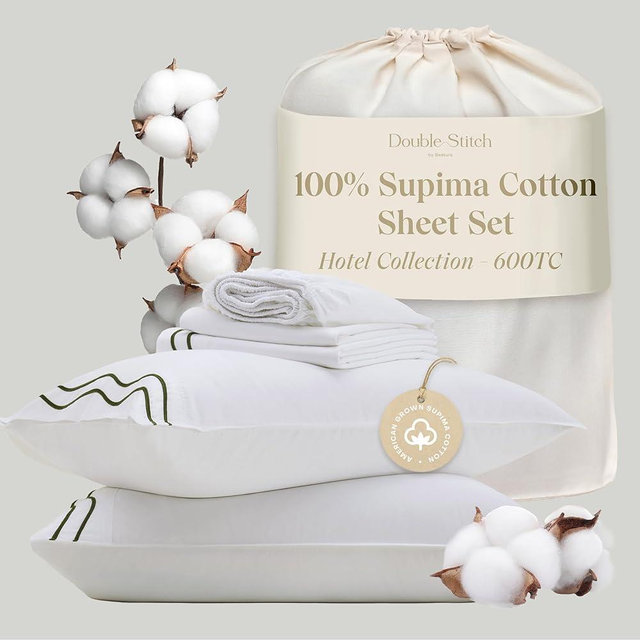 Double Stitch 100% Supima Cotton Sheet Set - 600 Thread Count Sateen Weave Embroidery Sheets Queen Size, Hotel Luxury Long Staple Cotton Bedding Set, Deep Pocket Up to 16'', Olive Green