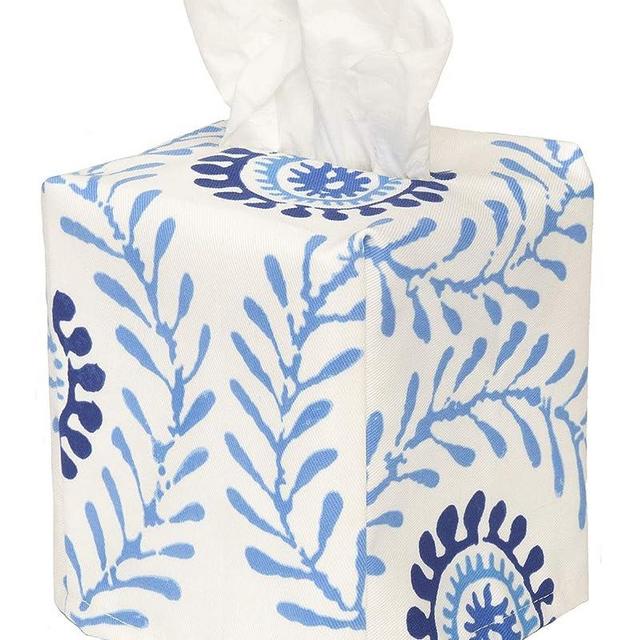 Fabric Tissue Box Cover, Tissue Holder Slipcover, Slips Over Square Cube Cardboard Facial Tissue Boxes -Decorative Blue Block Print Cotton Waverly Fabric, Made in USA