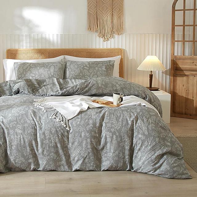 mixinni Duvet Cover Grey and White Flower Tree King Size Floral Duvet Cover Set 100% Washed Microfiber Duvet Cover Linen Like Textured Bedding Set