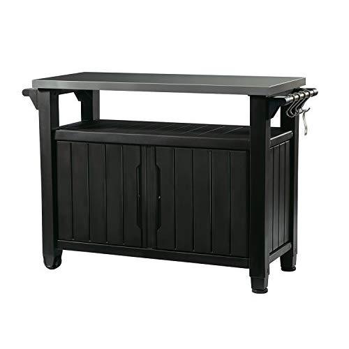 Keter Unity XL Portable Outdoor Table with Storage Cabinet Stainless Steel Top, and Grilling Accessories, Graphite