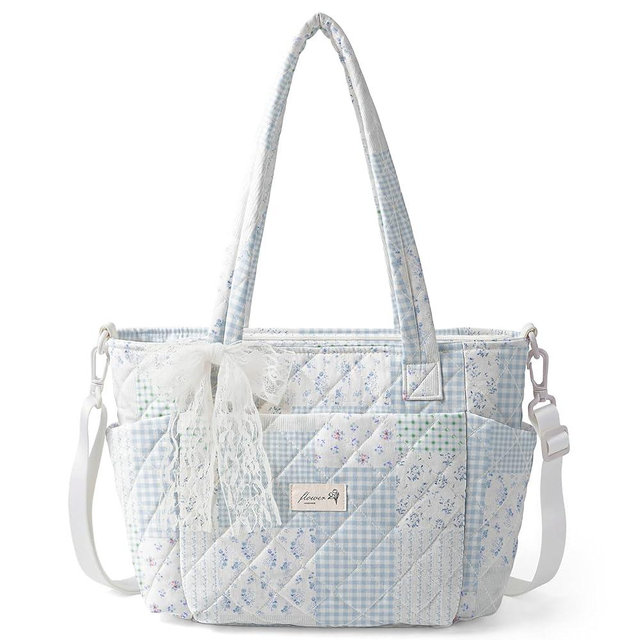 WOBAGMEN Quilted Lunch Box for Women,Insulated Lunch Tote Bag for Women for Work, Coquette Large Capacity Lunch Tote with Shoulder Straps, Elegant Lunch Purse (Green Blue pin, M)