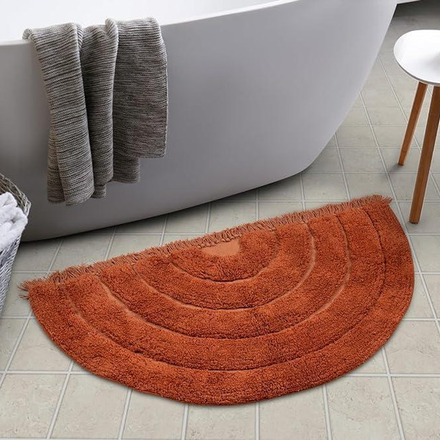 BIEN BEAU Boho Half Moon Bath Rug – Rust Orange - Handmade 100% Cotton Mat with Spray Latex Backing - Stylish, Easy-to-Clean Bathroom and Home Decor – 20 x 38 inch