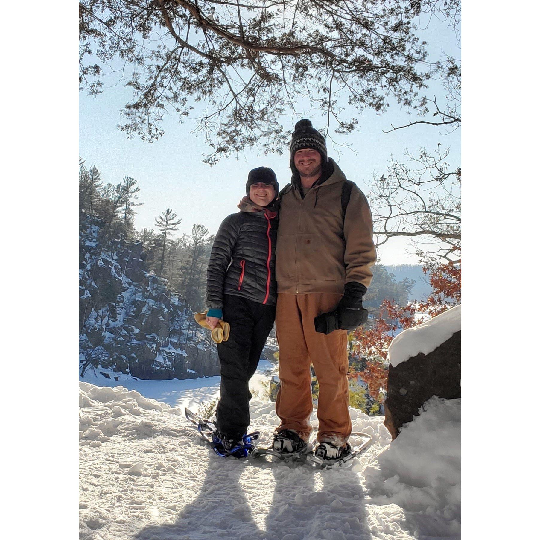 February 2023: Our first picture together while snowshoeing at Taylors Falls