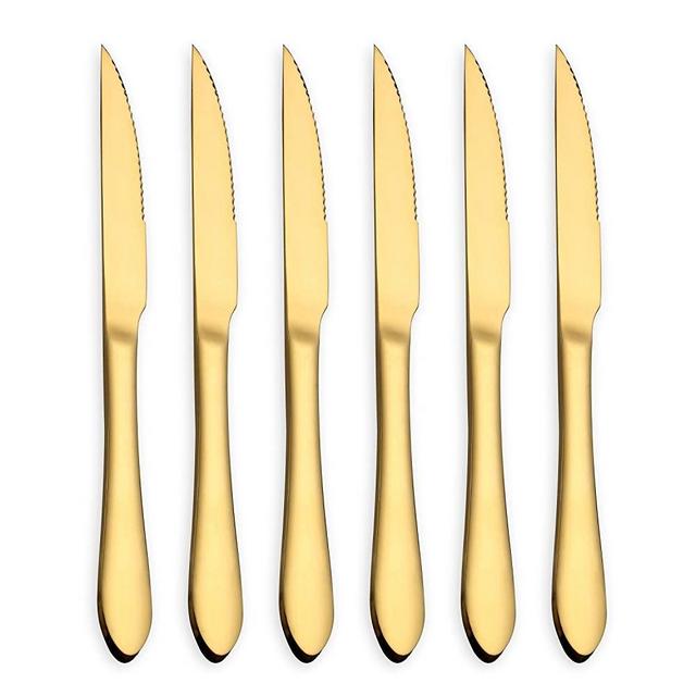 Gold Steak Knife Set, Stainless Steel and Durable comfortable grip handle, Mirror Polish and Gold Titanium Plated, for Pizza or Steak (Gold, Set of 6)