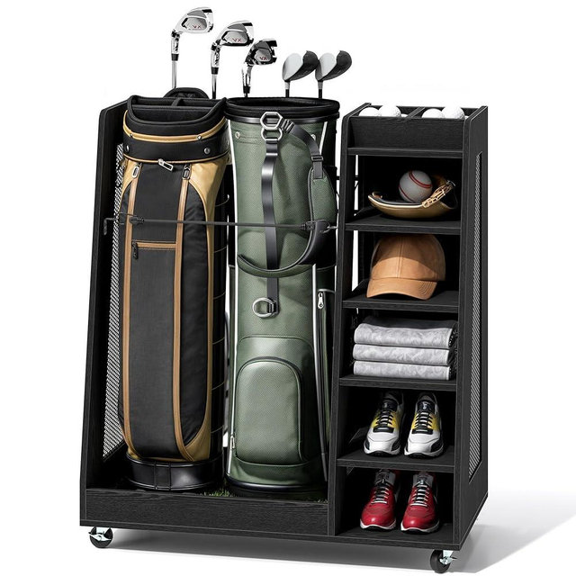YITAHOME Wooden Golf Bag Organizer for Garage, Rolling Storage Stand for Golf Bags, Clubs, Balls, and Accessories, Holds 2 or 3 Golf Bags, Ideal for Golf Equipment Organization
