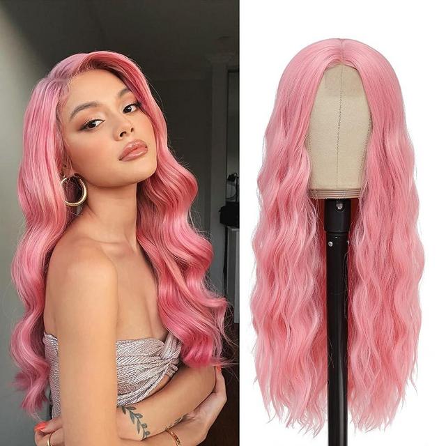 JSDshine Pink Wig - Long Pink Wavy Wigs for Women Middle Part Pastel Pink Wig 26 inch Natural Curly Synthetic Wig Heat Resistant Fiber Wigs for Daily Party Use