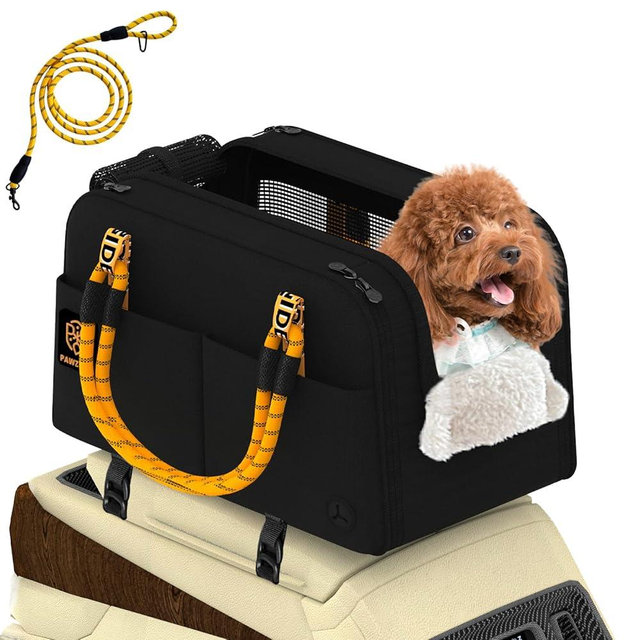 PAWZIDEA Center Console Dog Car Seat, Enclosed Secure Armrest Booster Seat for Small Dogs & Cats up 12lbs, Soft-Sided Travel Pet Carrier Safety Straps, Removable Pillow, Storage Pocket, Shoulder Strap