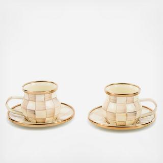 Mocha Check Stainless Steel Espresso Cup & Saucer Set