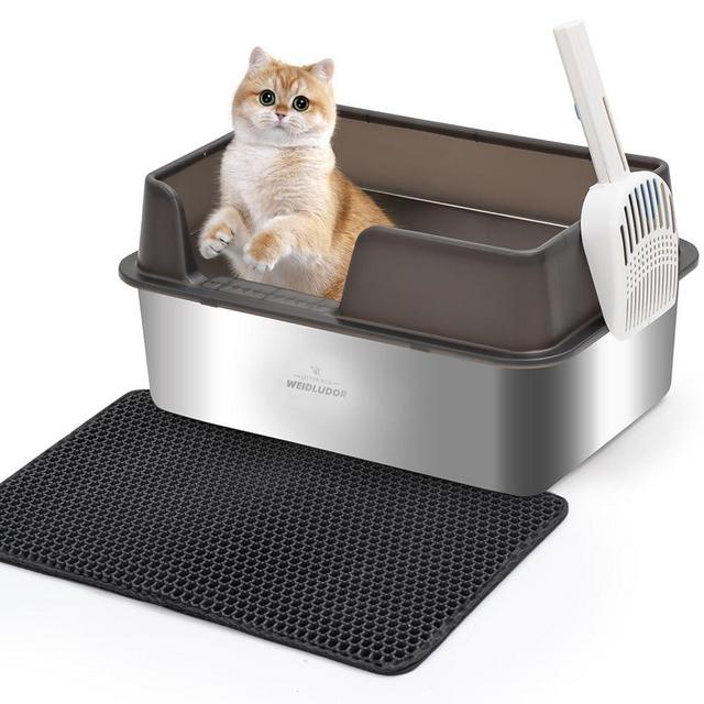 Stainless Steel Cat Litter Box with Lid, Premium Kitty Litter Box for Small to Medium Cats, High Sided Metal Litter Box for Indoor Cats, Non-Stick and Spill-Proof, Includes Scoop for Easy Cleaning