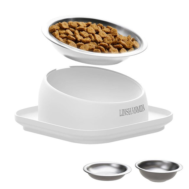 LINSHANMIN Cat Bowls Elevated Tilted Whisker Friendly, Cat Food Bowls for Indoor Cats, Shallow Food Dishes Stainless Steel, Slanted Flat Plastic Feeder Elevated Angled Design.(White)