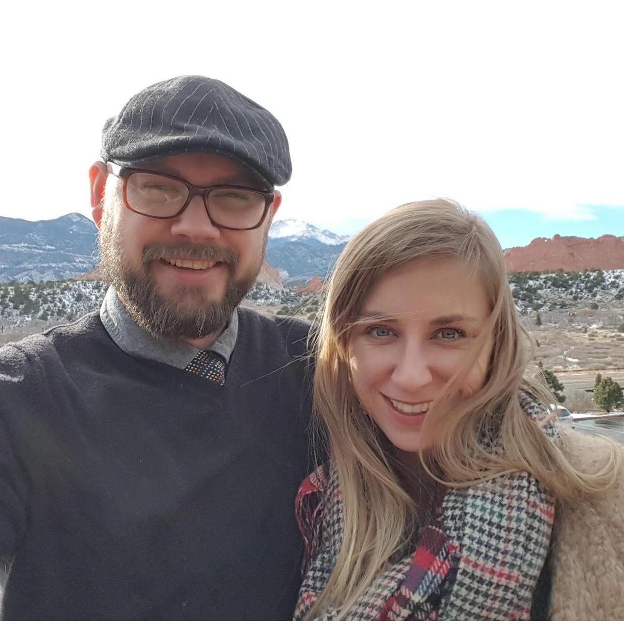 Our first visit to Katrina's childhood home in Colorado Springs, standing in front of Pikes Peak and Garden of the Gods