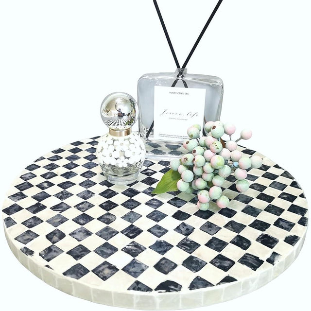Chicapica Lazy Susan Organizer, Bohemian Checkered Pattern with Mother of Pearl, 11.8 Inch Rotating Tray for Farmhouse Kitchen, Spice Rack, Coffee Table Centerpiece