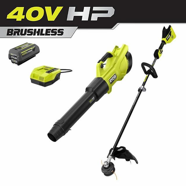 40V HP Brushless 600 CFM 155 MPH Cordless Leaf Blower and Carbon Fiber String Trimmer with 4.0 Ah Battery and Charger