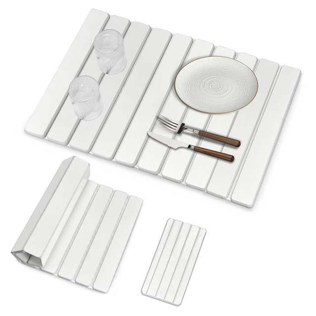 Large Stone Dish Drying Mat for Kitchen Counter, Foldable Quick Drying Dish Mats, Ultra Absorbent Diatomaceous Earth Mats for Dishes Bottles Cups, Match Any Countertop (White 24"×16" & 8"x4")