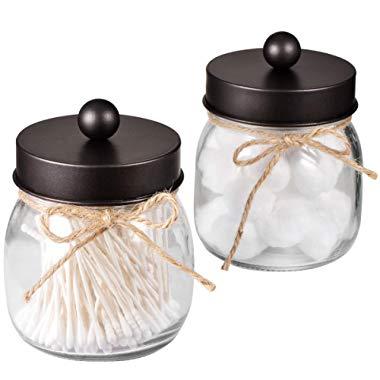 Mason Jar Bathroom Apothecary Jars - Rustproof Stainless Steel Lid,Farmhouse Decor,Bathroom Vanity Storage Organizer Holder Glass for Cotton Swabs,Rounds,Ball,Flossers,Bath Salts (Bronze, 2-Pack)