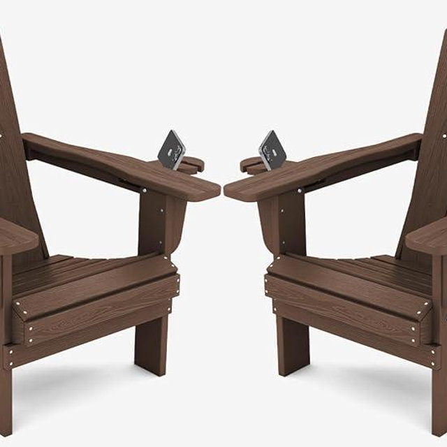 SERWALL Adirondack Chair with Cup Holders - Composite Adirondack Chairs Set of 2 HDPE Outdoor Chairs All Weather Use- Coffee