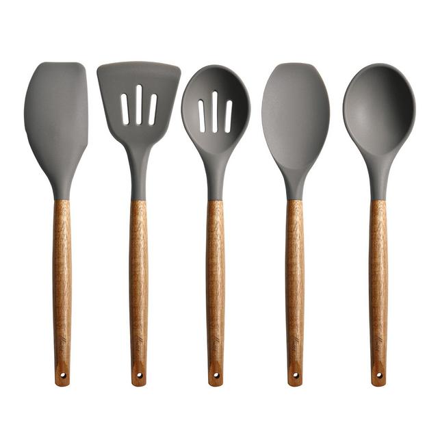 Miusco Silicone Cooking Utensil Sets, Kitchen Utensil Sets, Cooking Utensil Sets, Nonstick Silicone Spatula with Wood Handle, Gray 5 Sets