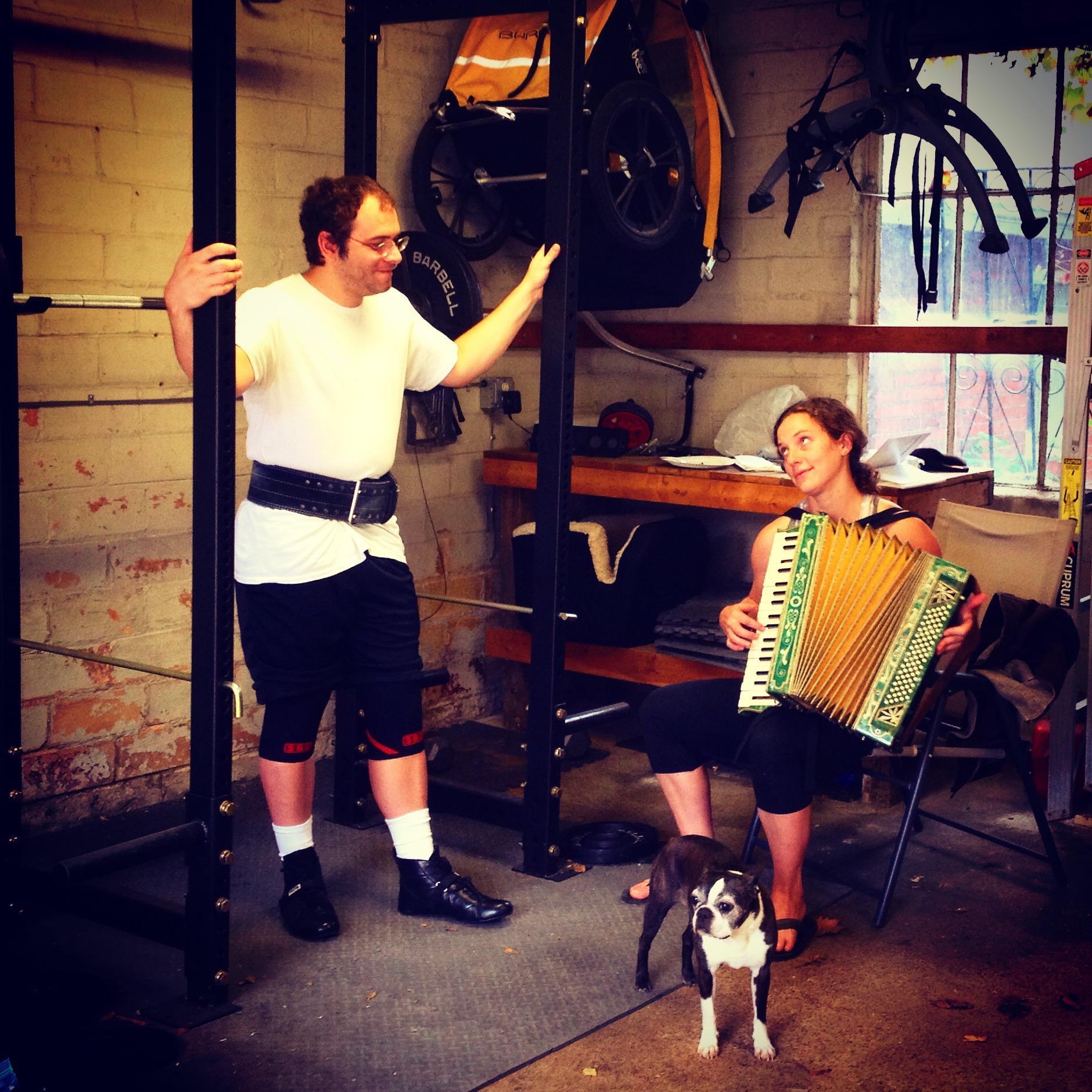 Julia surprised Jeff on his 30th birthday by sneaking into our friend Keith's garage gym and playing accordion while Jeff lifted, recreating a favorite YouTube clip (http://bit.ly/2tfidQZ). Oct 2014.
