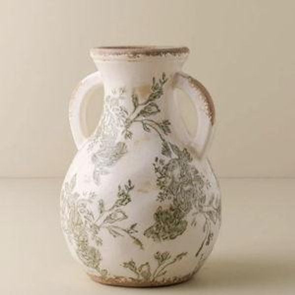 Green and White Distressed Vase with Handle