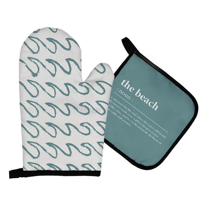 Mingnei Ocean The Beach Oven Mitts and Pot Holders Sets, Funny Summer Beach House Wave Heat Resistant Potholder Kitchen Decor for Cooking Baking BBQ,Coastal Wave Oven Glove Set, Beach House Gifts