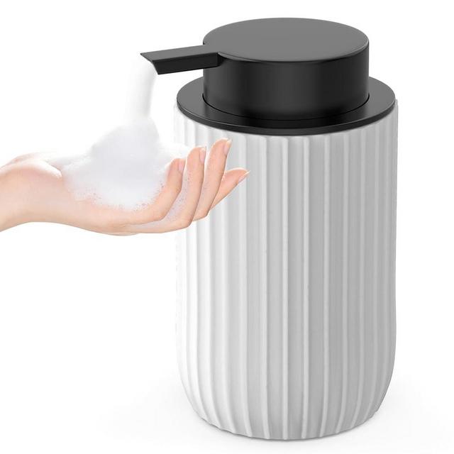 POSOSTO Ceramic Foaming Hand Soap Dispenser，12 oz Bathroom Soap Dispenser， Lotion Dispenser for Kitchen, Refillable Matte Streaks Soap Dispenser with Large Pump (White)