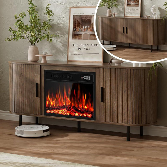Eueiriup 65" Fluted Fireplace TV Stand for TVs Up to 75 inches, Modern Entertainment Center with 23" Electric Fireplace, Wooden Curved TV Console with Sliding Doors for Living Room, Walnut