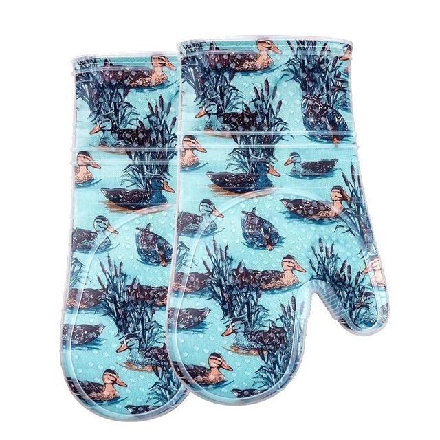 Oven Mitts Set of 2 with Transparent Clear Silicone Shell and Nice Duck Printing Cotton Lining, Heat Resistant to 500 F Kitchen Oven Gloves Pot Holder for Cooking (Wathet Blue, Oven Mitts)