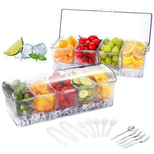 POWLAB 2-Pack Ice Chilled Condiment Tray Set with 4 & 5 Compartments, BPA-Free Plastic Serving Caddy with 304 Stainless Steel Forks (4), Spoon (1), Plastic 5 Forks&2 Clips for Salad, Bar, Party