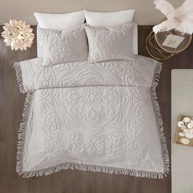 3pc Full/Queen Cecily Cotton Medallion Fringe Coverlet Set Gray