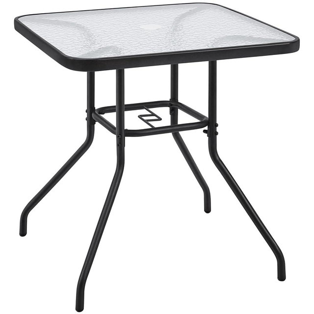 Yaheetech 28in Patio Bistro Table, Square Dining Table w/Umbrella Hole and Tempered Glass Top for Balcony Backyard Lawn and Garden, Black