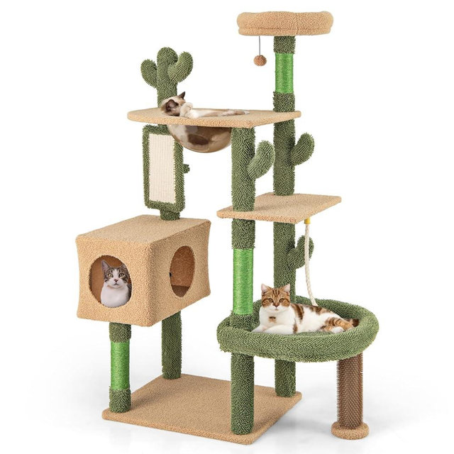 PETSITE 59 inch Cactus Cat Tree Tower, Multi-Level Cat Tower with Sisal Scratching Posts, Board and Rope, Cat Condo, Capsule Bed, Hanging Ball and Self Groomer, Cute Cat Tree for Indoor Cats