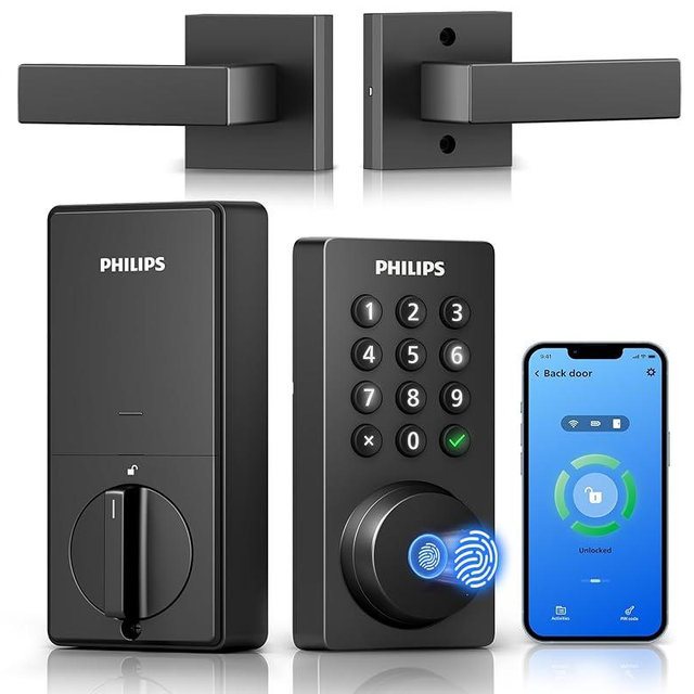 Philips WiFi Deadbolt Smart Lock with Handle, APP/Voice/Fingerprint/Passcode/Key Unlock, Smart Locks for Front Door with Handle Set, Backlit Keypad Deadbolt, Keyless Entry, Remote Control, Auto-Lock