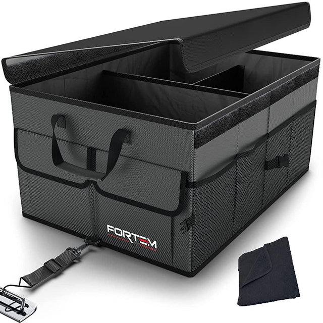 FORTEM Car Trunk Organizer, Car Storage Organizer, Collapsible Multi Compartment Car Organizer, SUV Trunk Organizer, Non Slip Bottom, Adjustable Securing Straps, Foldable Cover (Grey, Standard Size)